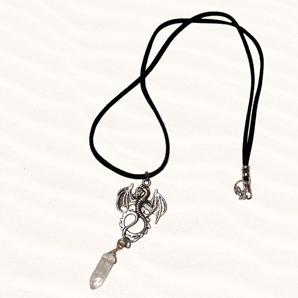 Hand Crafted Quartz Crystal Dragon Necklace Vegan Suede Microfiber Wire Wrapped